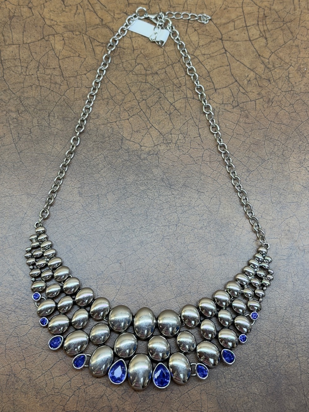 Silver-Tone Statement Necklace with Blue Gem Accents
